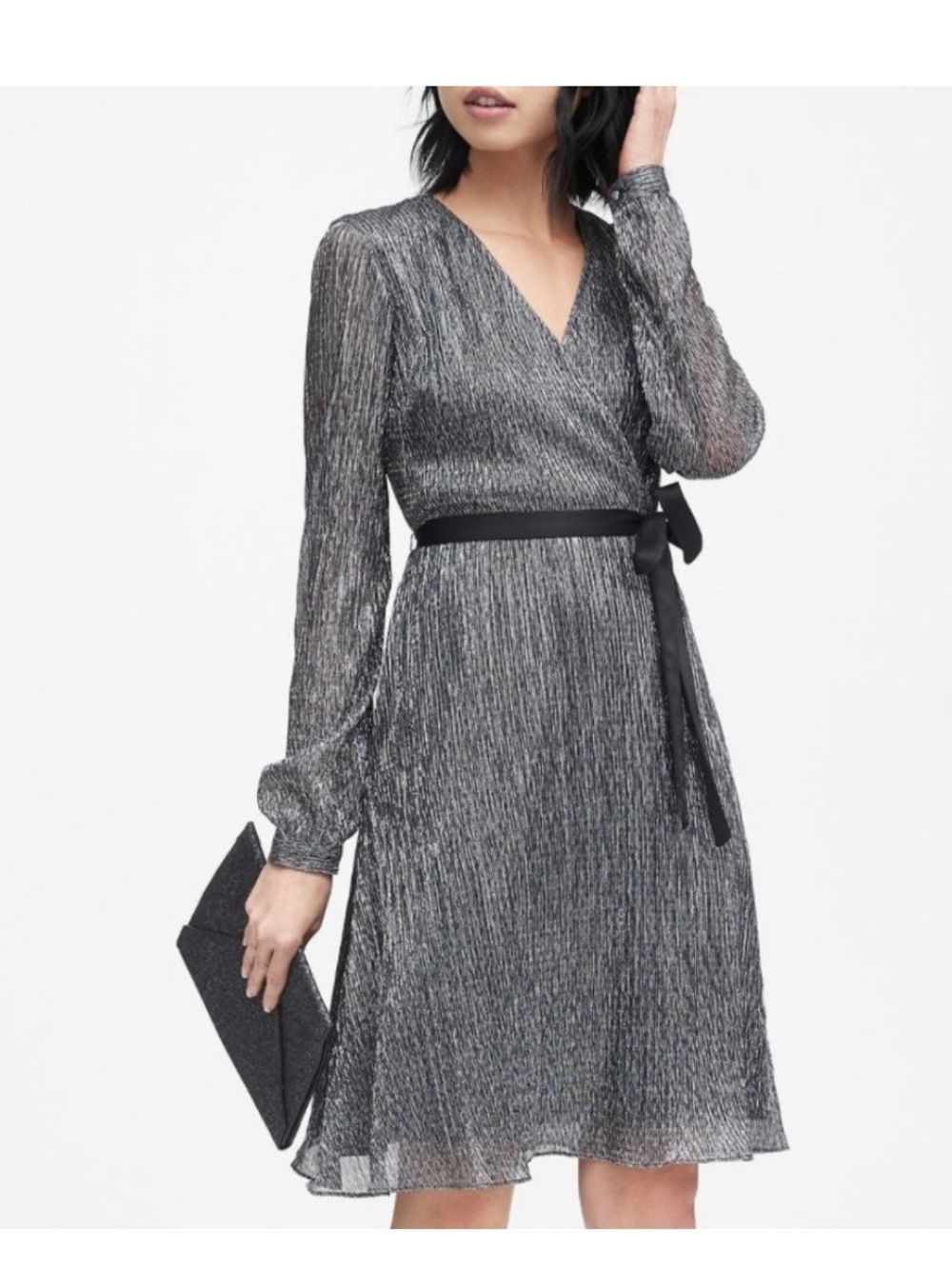 Banana Republic Metallic Silver Long Sleeve Faux Wrap Party Dress with Sash 14P